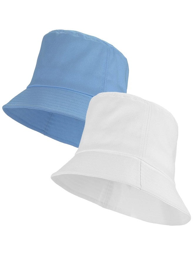 Umeepar Unisex 2 Pack Cotton Bucket Hat Packable Sun Hat for Men Women (White + Blue) - Image 1